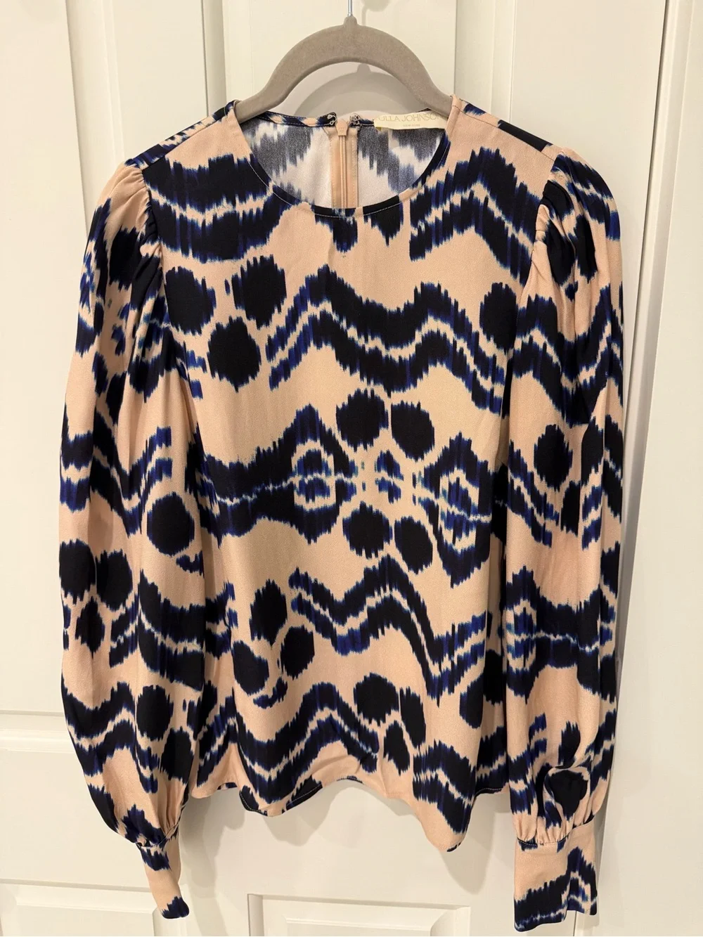 Ulla Johnson Lilliana Blouse Blue & Cream Ikat-Print Puff-Sleeve Blouse